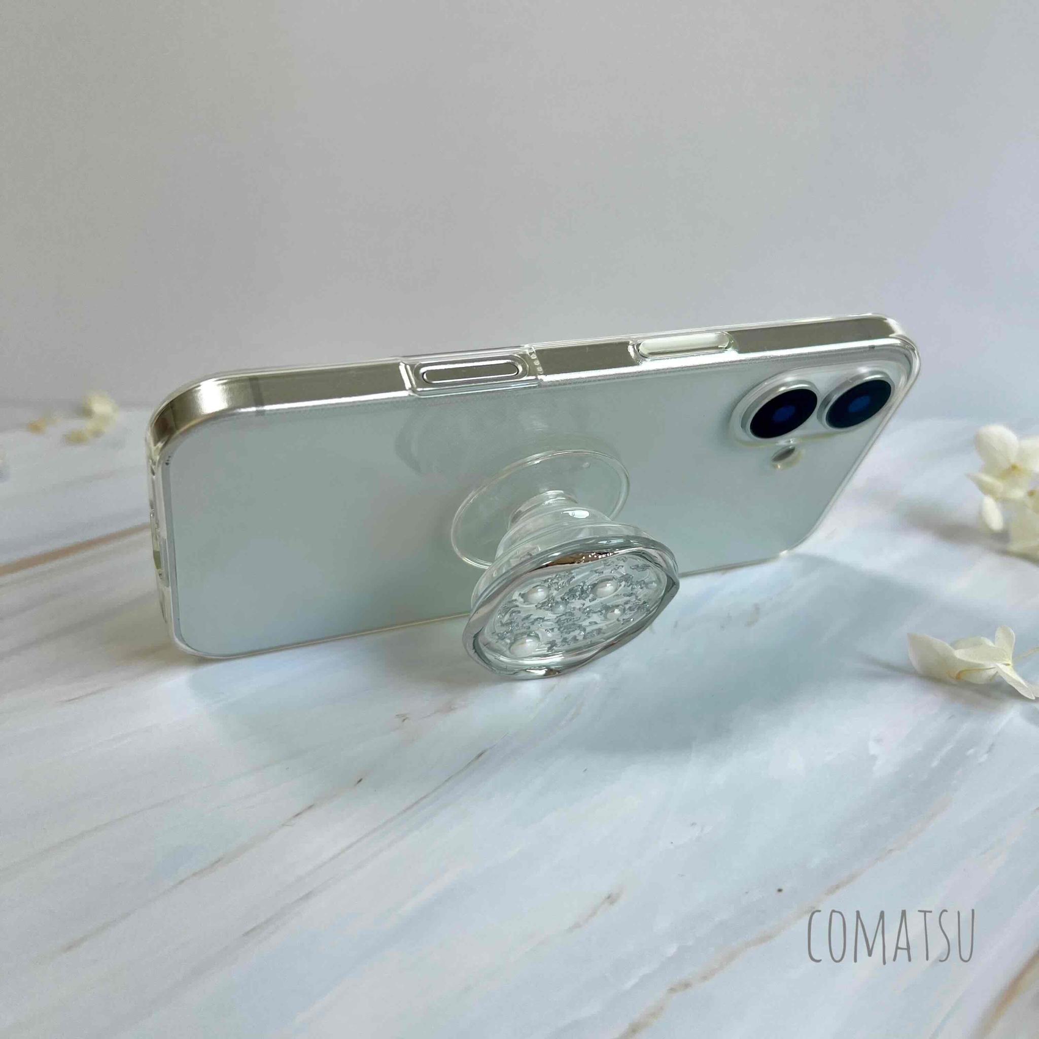 大人ニュアンス仕立て .゜newシリーズ グリップソケット付きスマホケース 銀箔×パール クリアベース スマホカバー | 5枚目